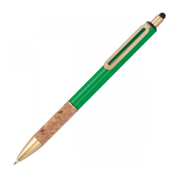 Touchpen Metall-Kugelschreiber mit Korkgriffzone / Farbe: grün
