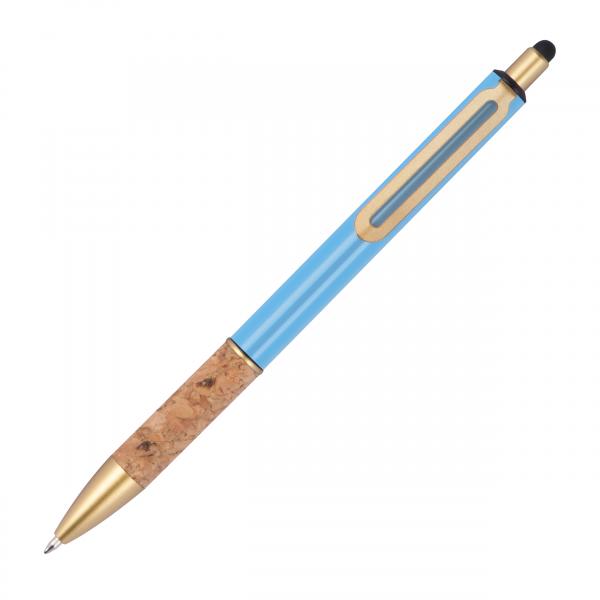 Touchpen Metall-Kugelschreiber mit Korkgriffzone / Farbe: hellblau