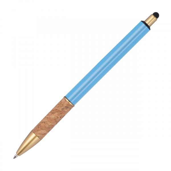Touchpen Metall-Kugelschreiber mit Korkgriffzone / Farbe: hellblau
