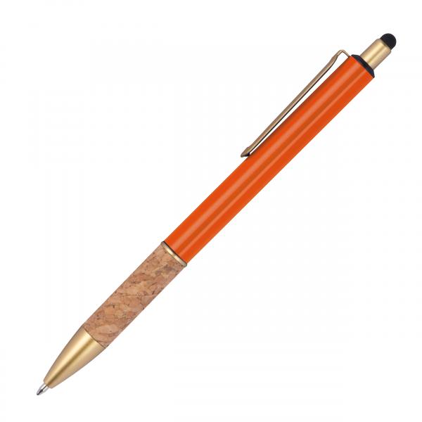 Touchpen Metall-Kugelschreiber mit Korkgriffzone / Farbe: orange