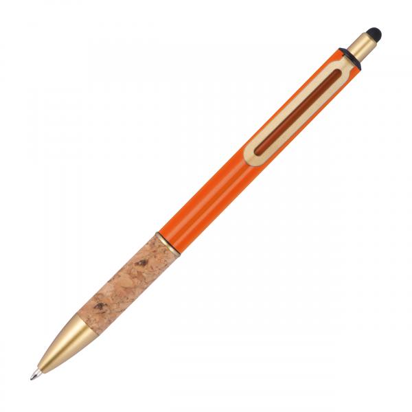Touchpen Metall-Kugelschreiber mit Korkgriffzone / Farbe: orange