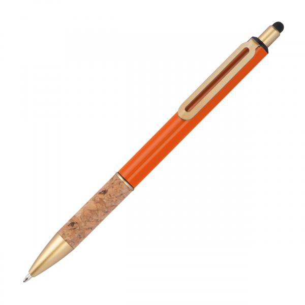 Touchpen Metall-Kugelschreiber mit Korkgriffzone / Farbe: orange