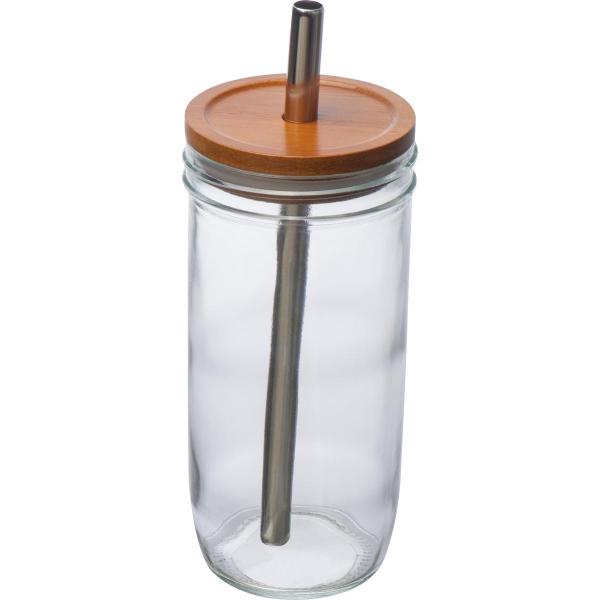 Trinkbecher aus Glas mit Bambusdeckel und Trinkhalm / Füllvermögen: 650ml
