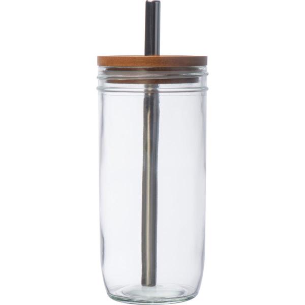 Trinkbecher aus Glas mit Bambusdeckel und Trinkhalm / Füllvermögen: 650ml