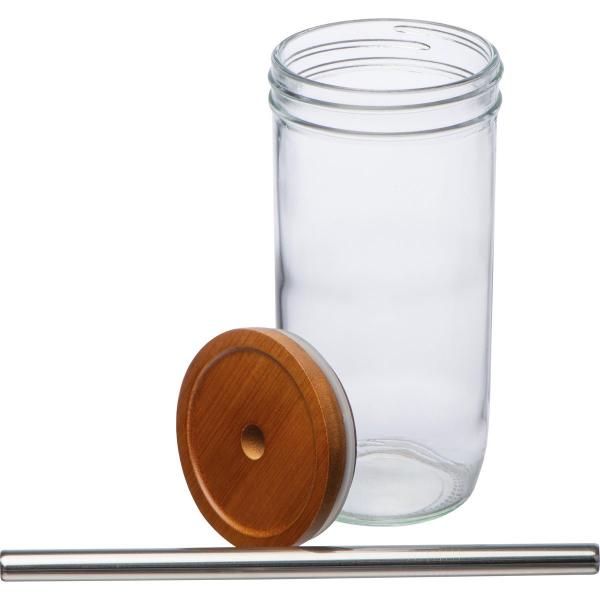 Trinkbecher aus Glas mit Gravur / mit Bambusdeckel und Trinkhalm / 650ml