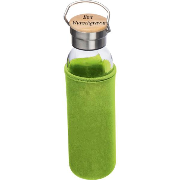 Trinkflasche aus Glas mit Gravur / mit Neoprenüberzug / 600ml / Farbe: apfelgrün