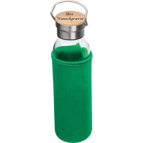 Trinkflasche aus Glas mit Gravur / mit Neoprenüberzug / 600ml / Farbe: grün