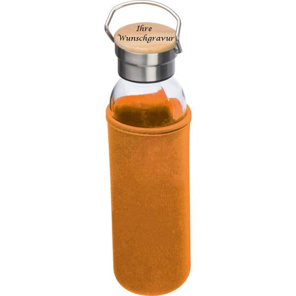 Trinkflasche aus Glas mit Gravur / mit Neoprenüberzug / 600ml / Farbe: orange