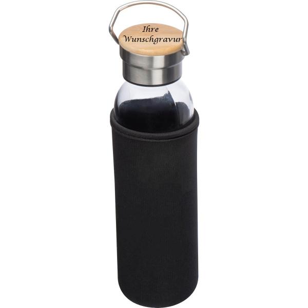 Trinkflasche aus Glas mit Gravur / mit Neoprenüberzug / 600ml / Farbe: schwarz