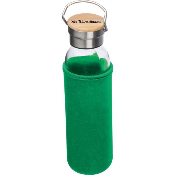 Trinkflasche aus Glas mit Namensgravur - mit Neoprenüberzug - 600ml - grün