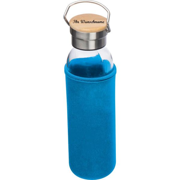 Trinkflasche aus Glas mit Namensgravur - mit Neoprenüberzug - 600ml - hellblau