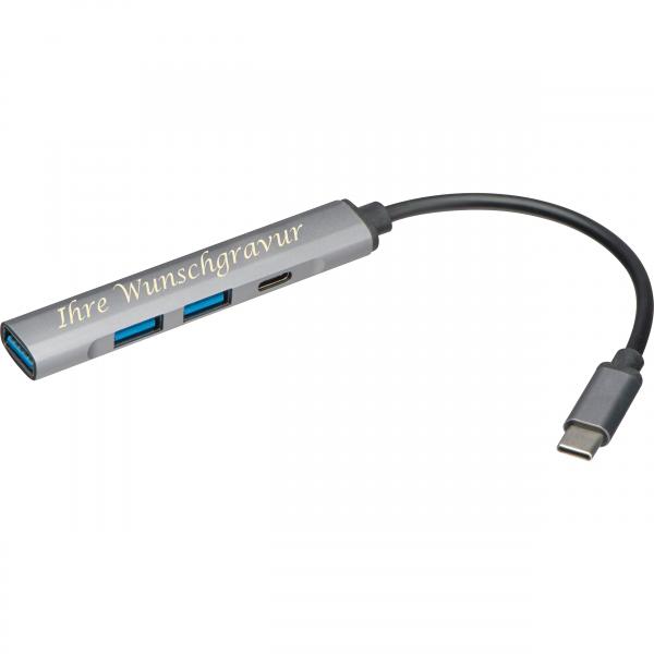 USB Hub aus recyceltem Aluminium mit Gravur / 1x USB-C und 3x USB