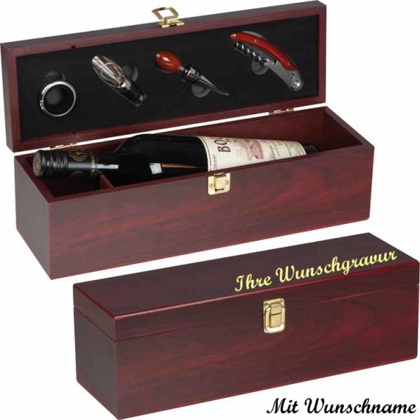 Weinbox mit Namensgravur - aus Holz für 1 Flasche mit Kellnermesser