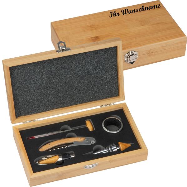Weinset in edler Holzbox mit Namensgravur - Kellnermesser,Tropfring,Thermometer