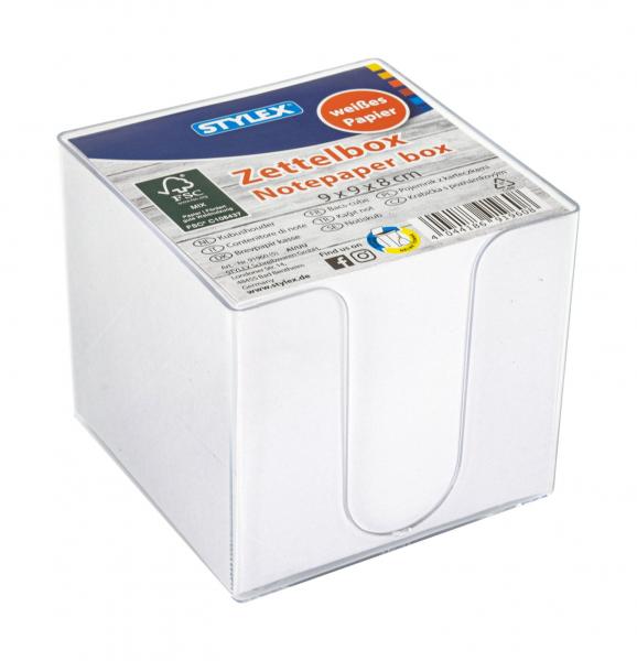 Zettelbox mit 700 Blatt weiße Notizzettel / Farbe: transparent klar