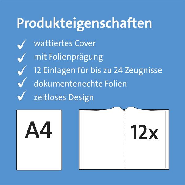 Zeugnismappe / A4 / wattiertes Cover / mit 12 Hüllen / Farbe: blau