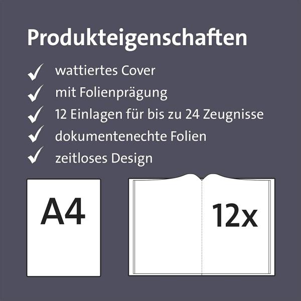 Zeugnismappe / A4 / wattiertes Cover / mit 12 Hüllen / Farbe: grau