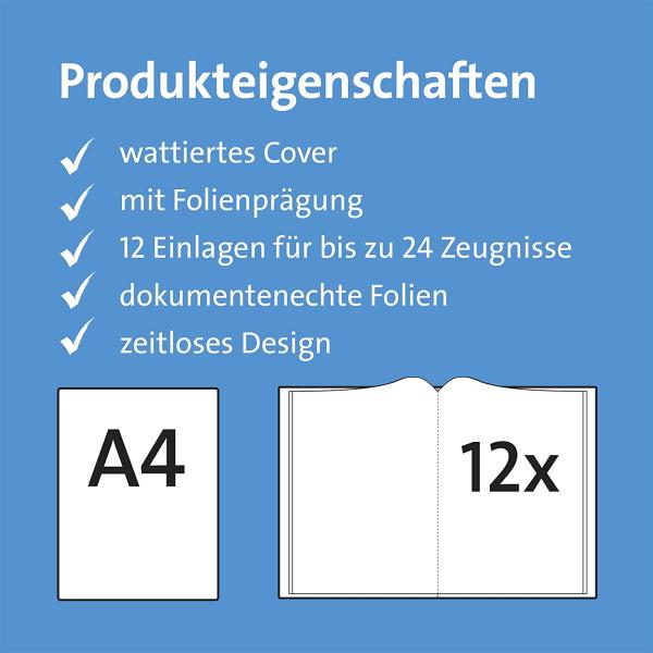 Zeugnismappe mit Gravur / A4 / wattiertes Cover / mit 12 Hüllen / Farbe: blau