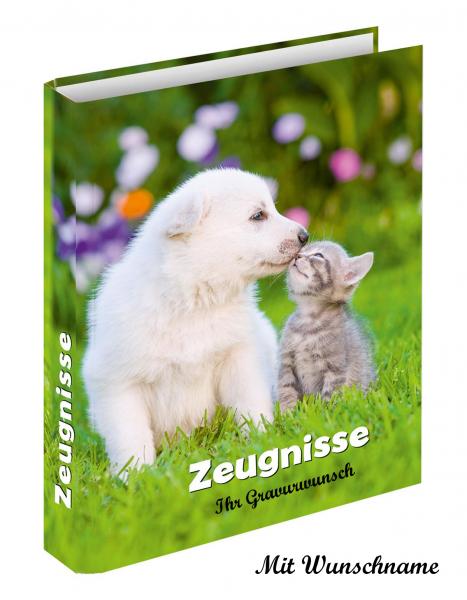 Zeugnismappe mit Namensgravur - Zeugnisringbuch - "Hund + Katze"