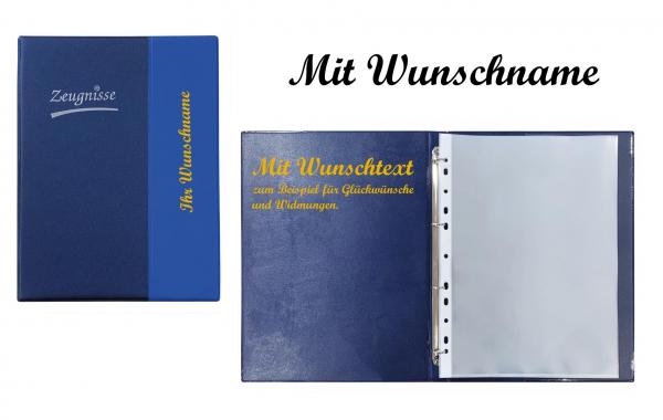 Zeugnismappe mit Namensgravur und Widmung - Zeugnisringbuch A4 - metallic blau