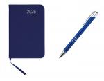 Taschenkalender 2026 / ca A7 / PU Einband / Farbe: blau + Metall Kugelschreiber