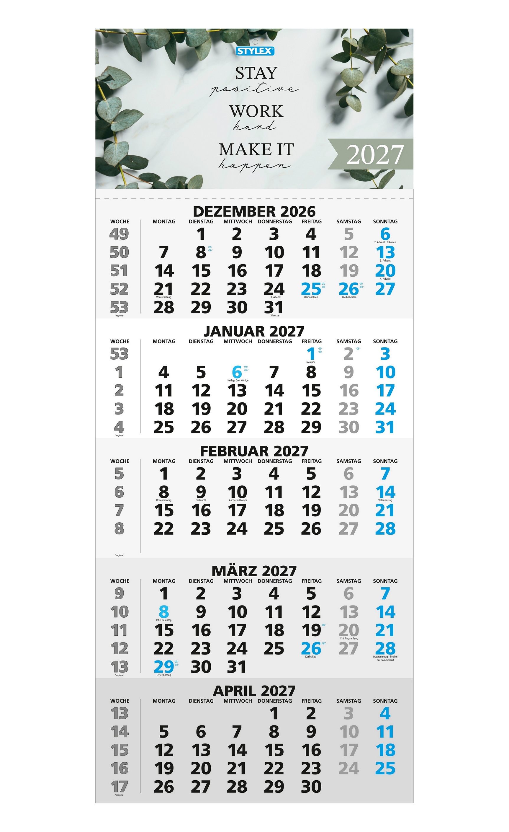 Monatskalender 2027 / 5-Monatskalender / Bürokalender / Wandkalender