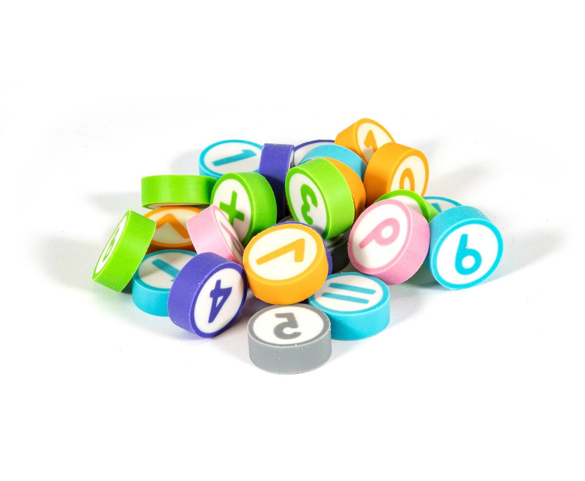 60x Radiergummi / mit Buchstaben, Zahlen und Rechenzeichen