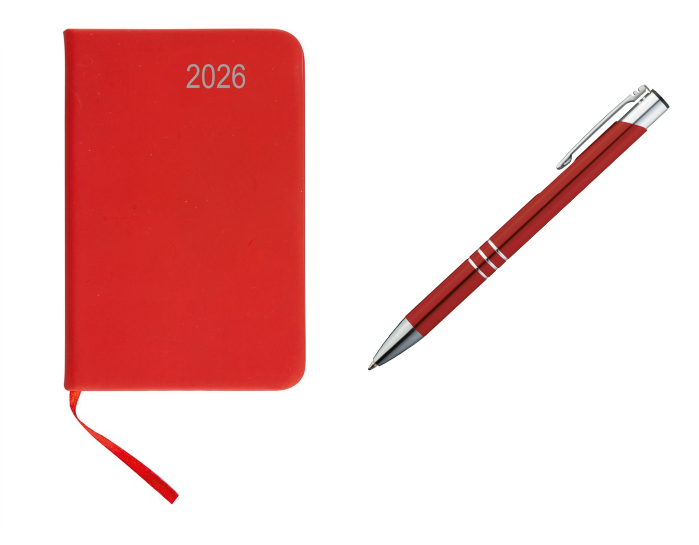 Taschenkalender 2026 / ca A7 / PU Einband / Farbe: rot + Metall Kugelschreiber