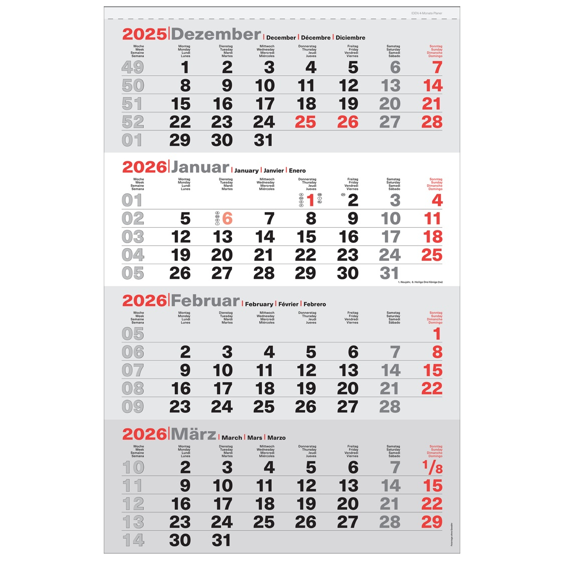 Monatskalender 2026 / 4-Monatskalender / Wandkalender + Metallkugelschreiber