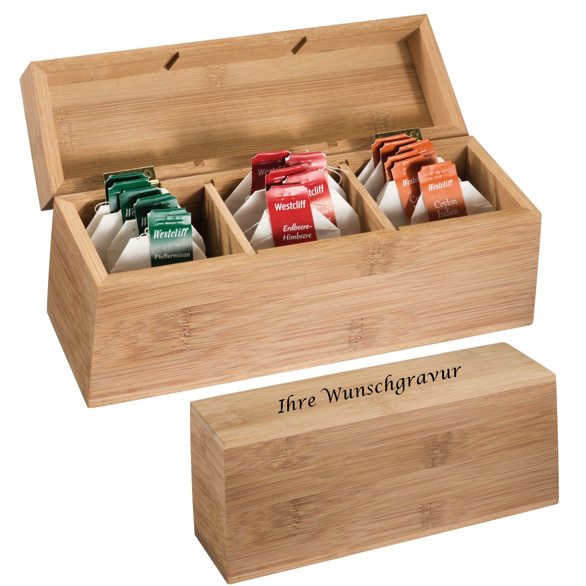 Teeaufbewahrungsbox mit Gravur / Teebeutelbox aus Bambus