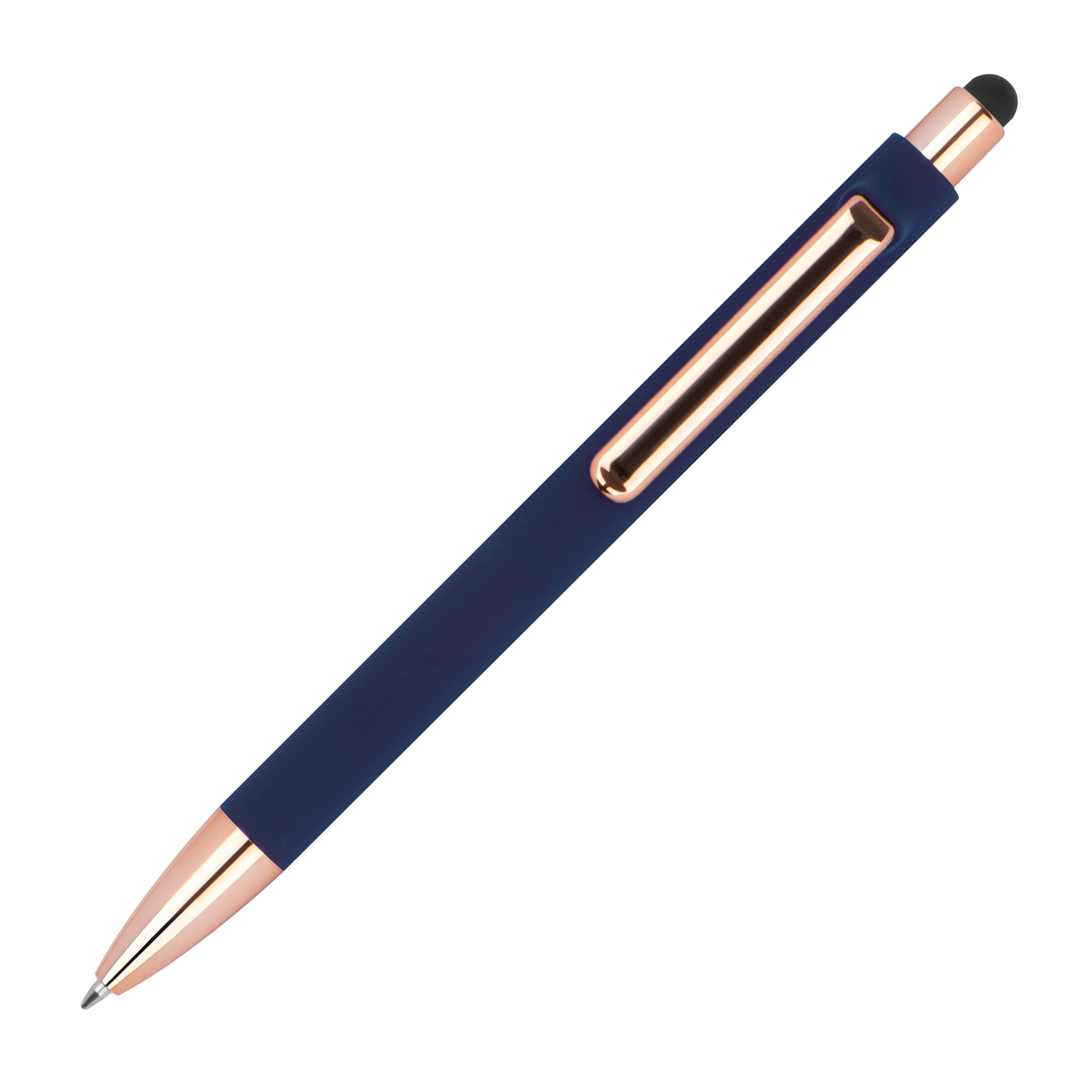 Touchpen-Kugelschreiber aus Metall / gummiert / Farbe: roségold-dunkelblau
