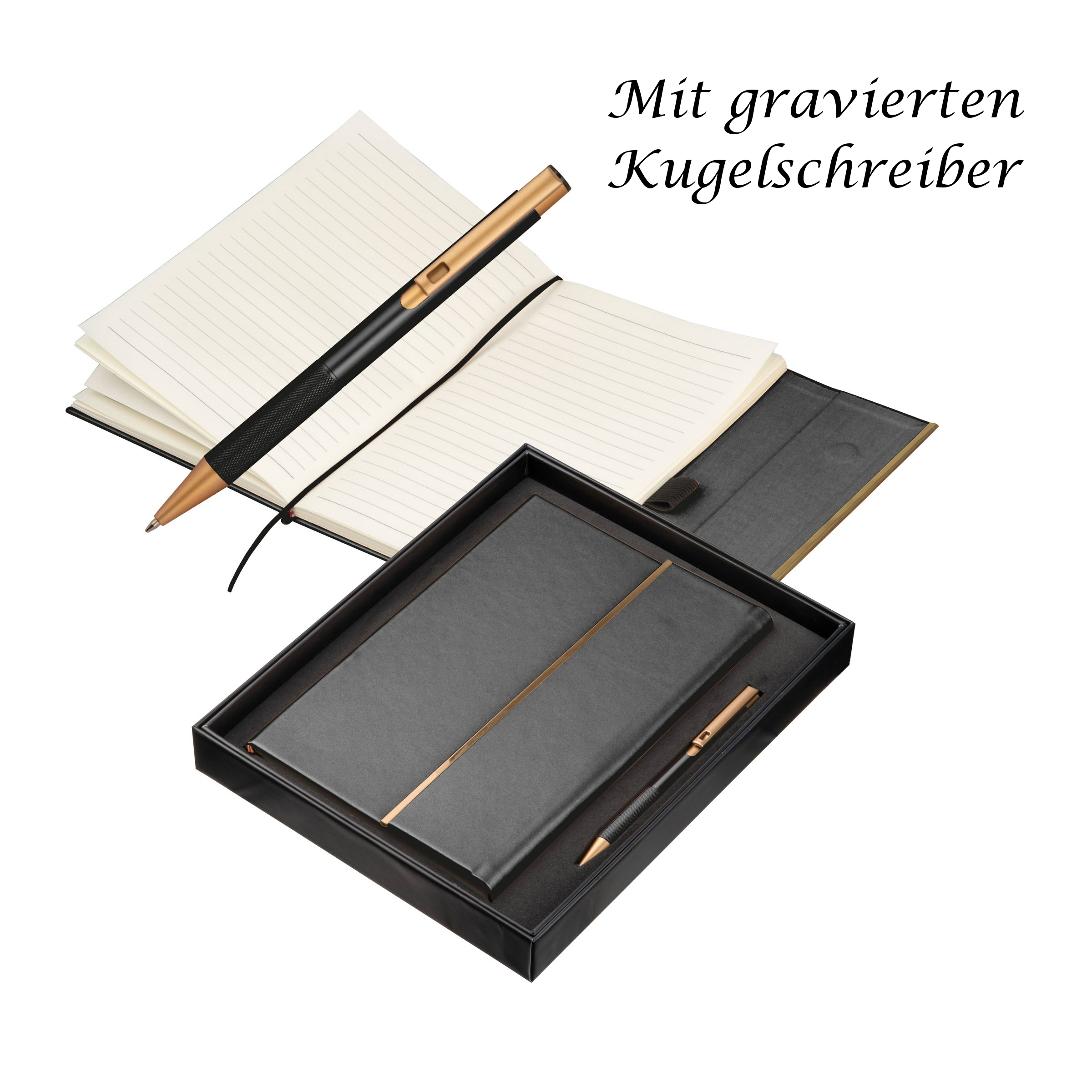 Edles Set mit Notizbuch und Kugelschreiber mit Gravur / Geschenkkarton / schwarz
