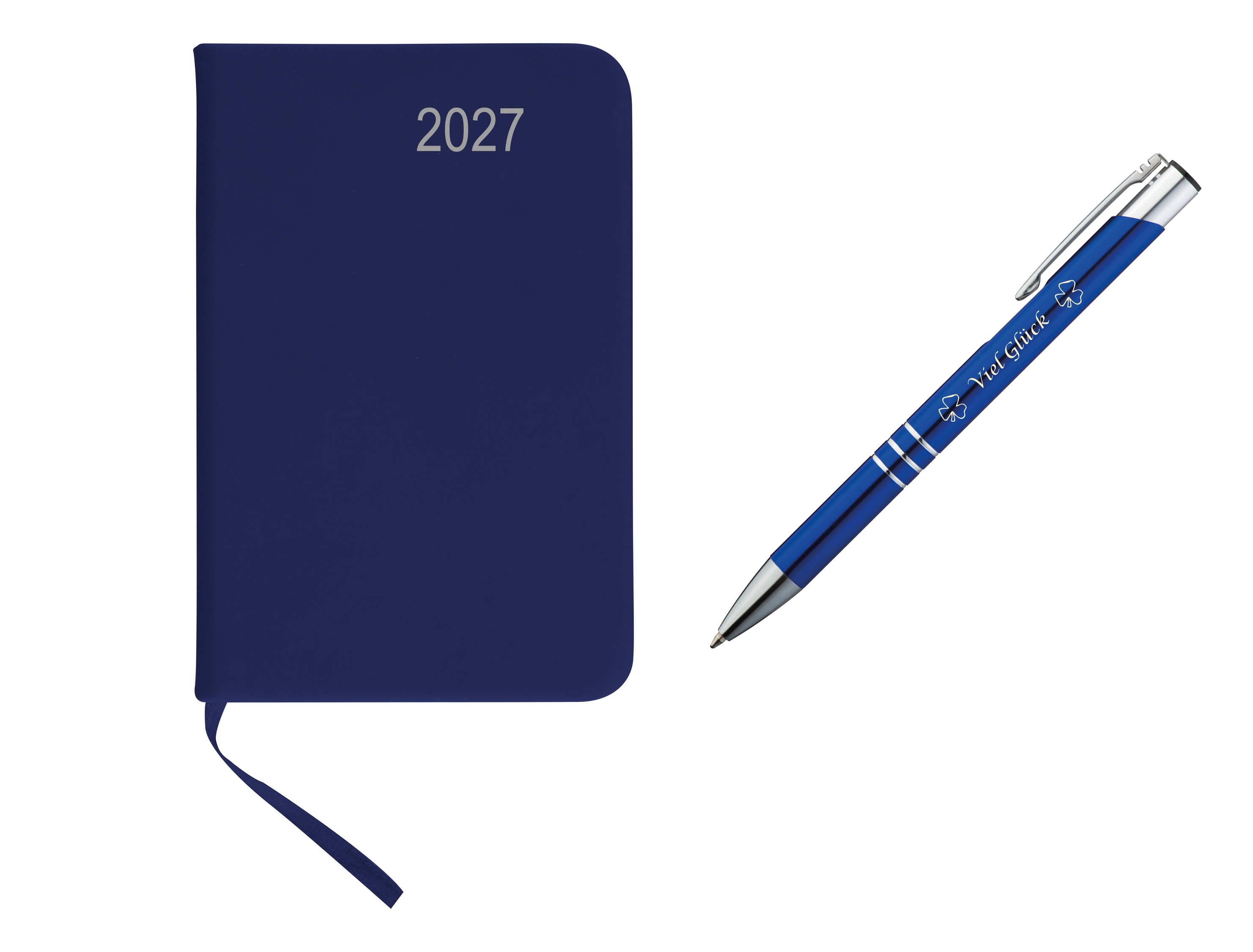 Taschenkalender 2027 / ca DIN A7 / mit PU Einband / Farbe: blau + Glückskuli