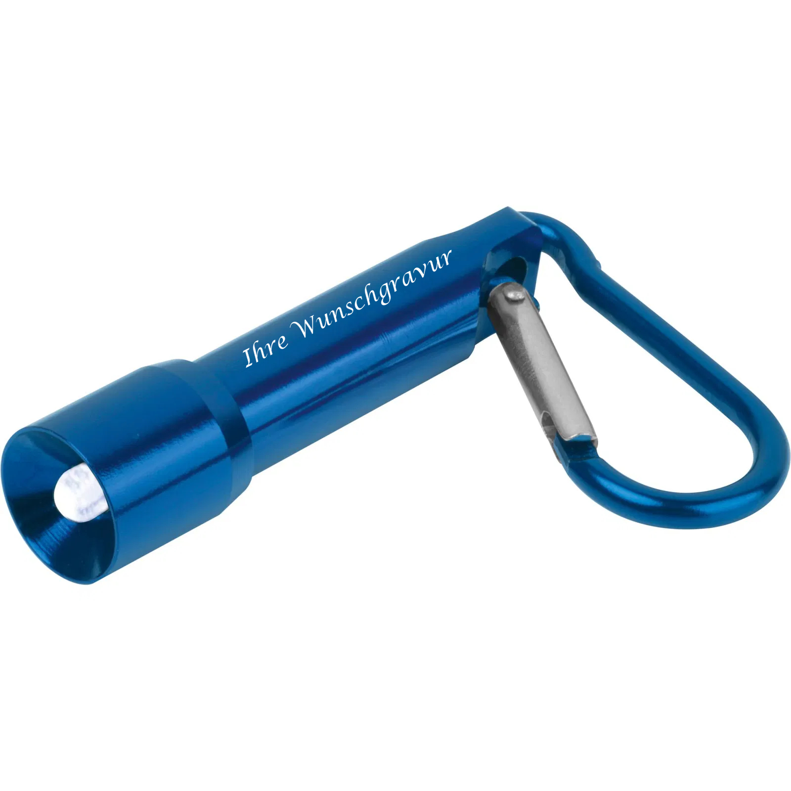 Mini-Taschenlampe mit Gravur / aus Metall / mit Karabinerhaken / Farbe: blau