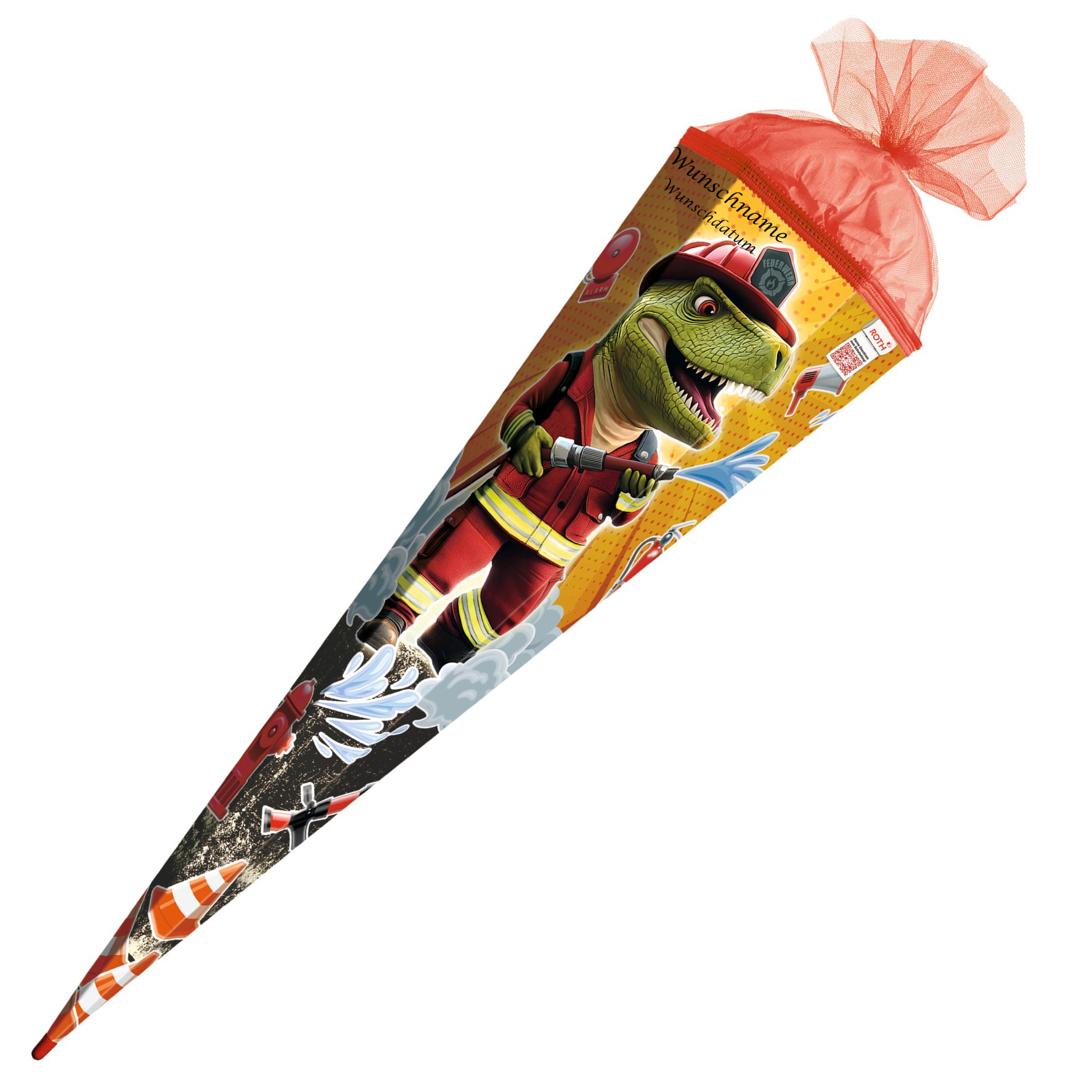 Schultüte mit Gravur / Zuckertüte / 85cm / eckig / "Feuerwehr-Dino"