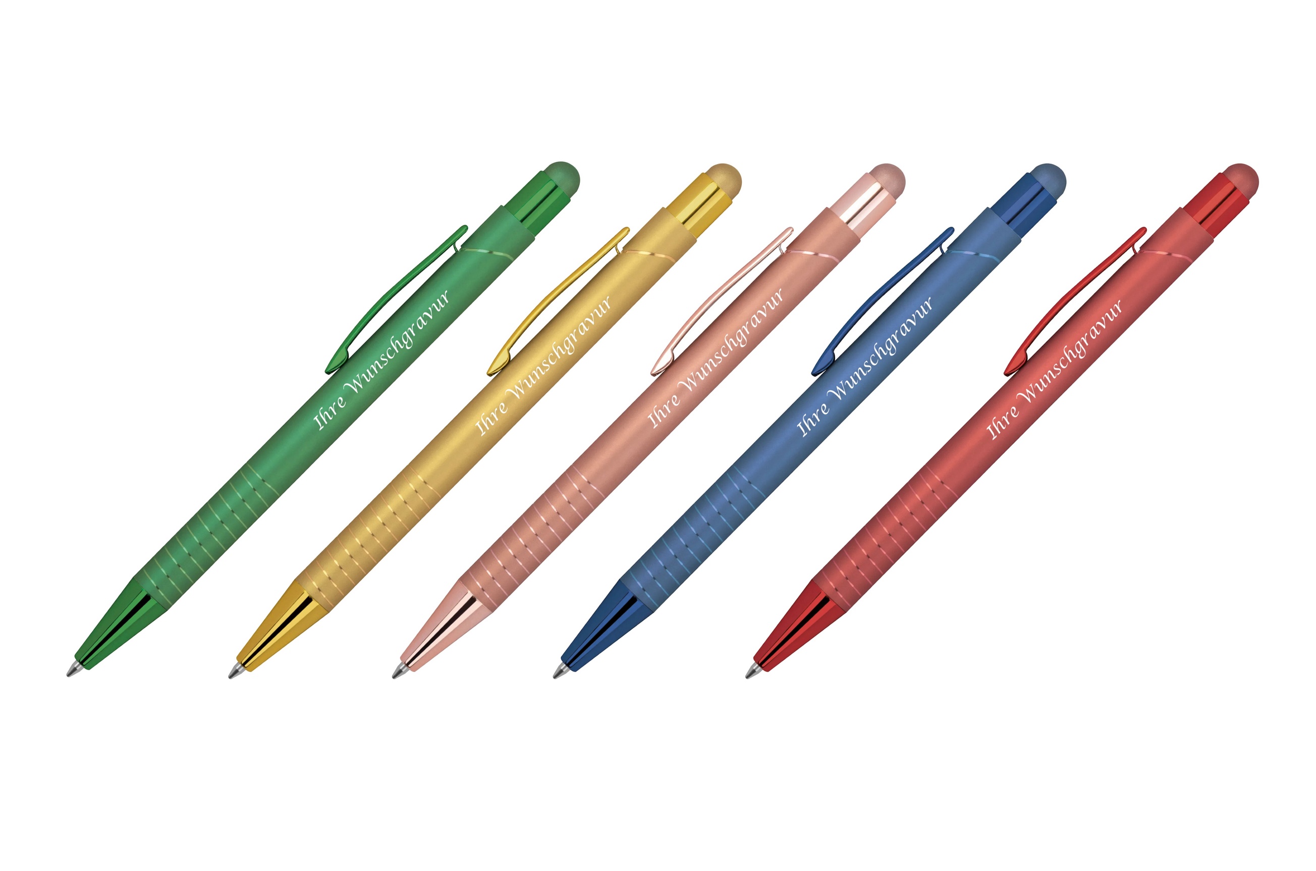 5x Touchpen Kugelschreiber mit Gravur / aus Metall / 5 Farben sortiert