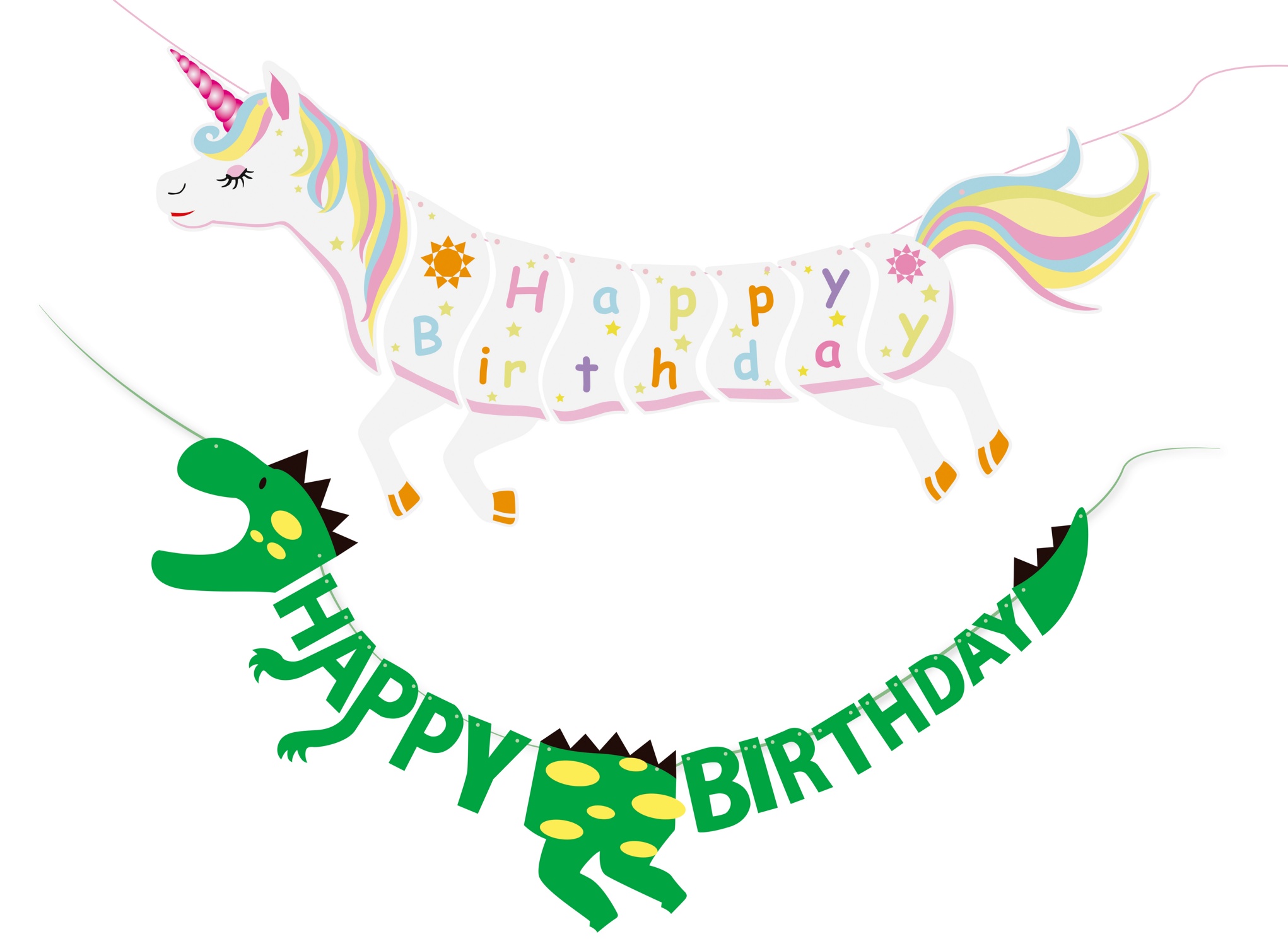 2x Girlande "Happy Birthday" / je 2,5m / je 1x Einhorn und Dino