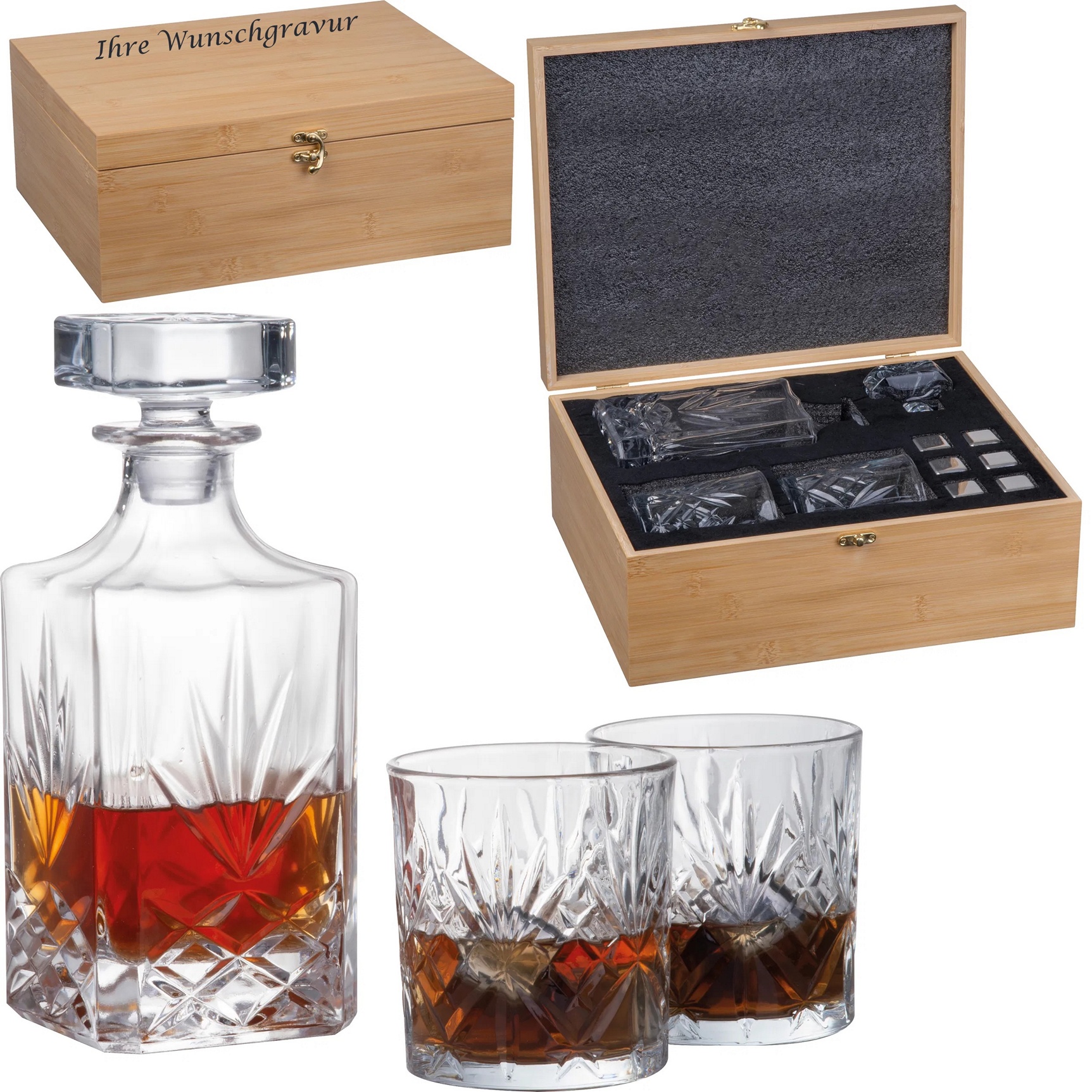 Edles Whisky-Set mit Gravur / Geschenkset mit Karaffe,2 Gläser & Eiswürfelsteine