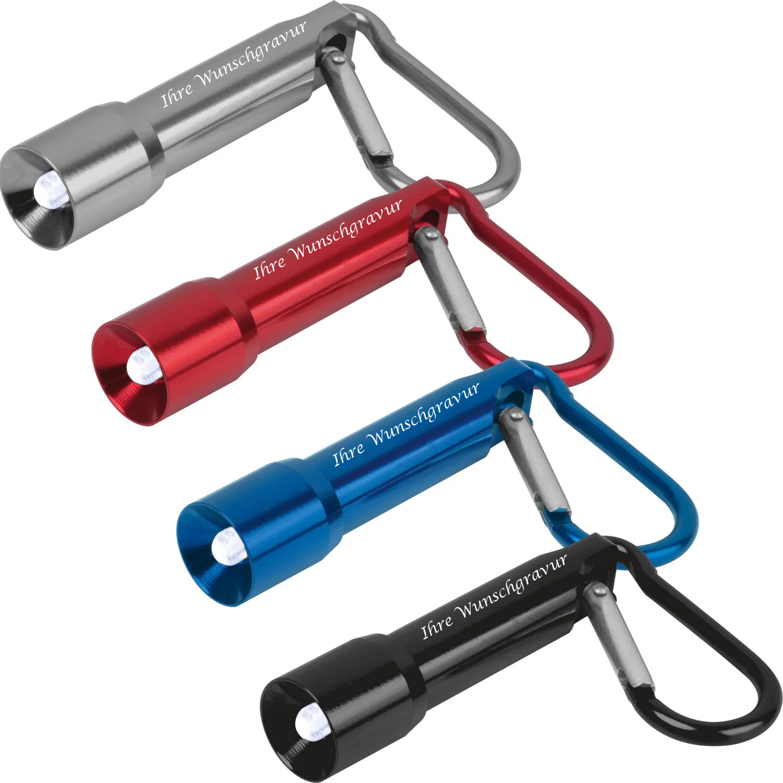 4x Mini-Taschenlampe mit Gravur / aus Metall / mit Karabinerhaken / 4 Farben