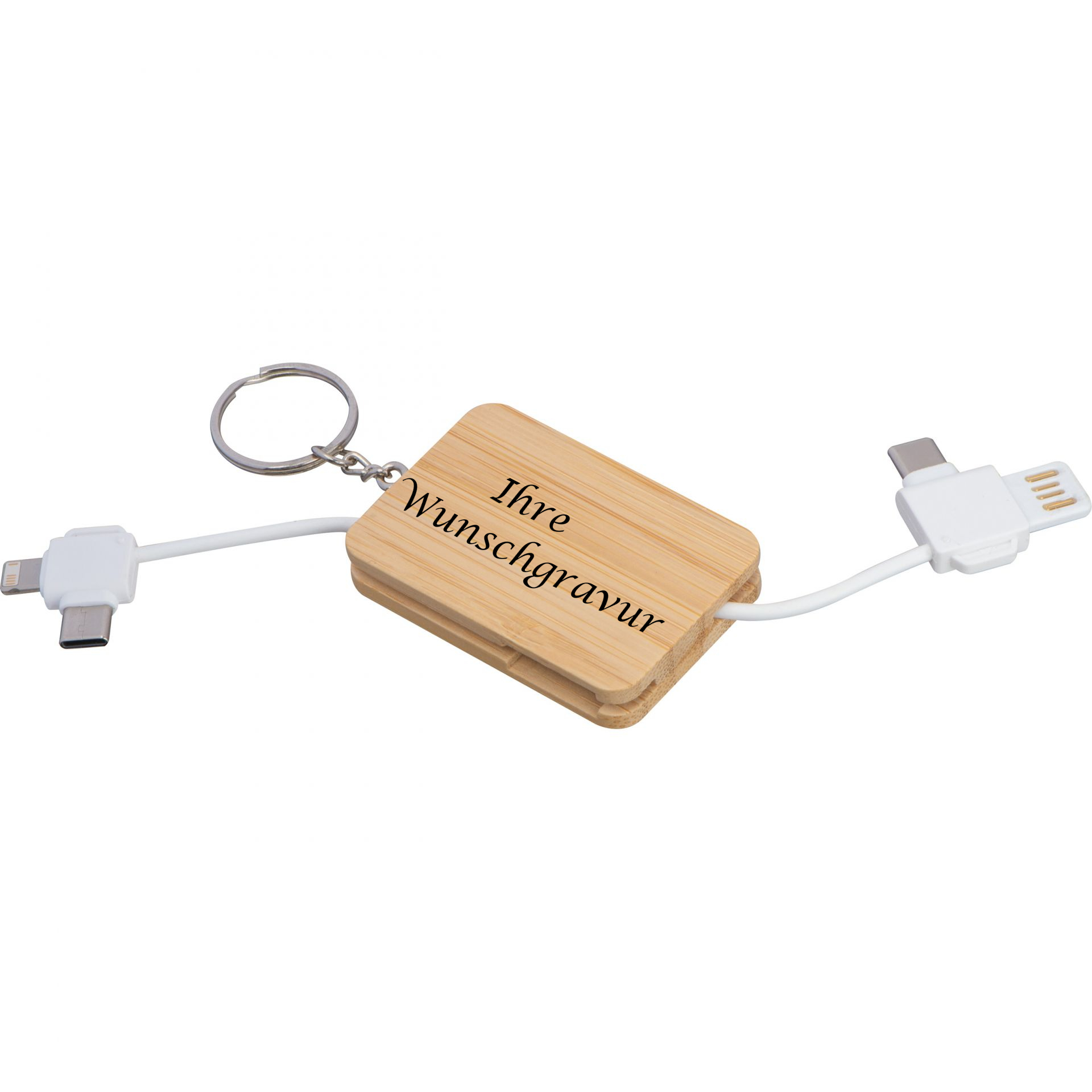 Ladekabel-Schlüsselanhänger mit Gravur / USB-A/USB-CzuUSB-C/Lightning- Micro-USB