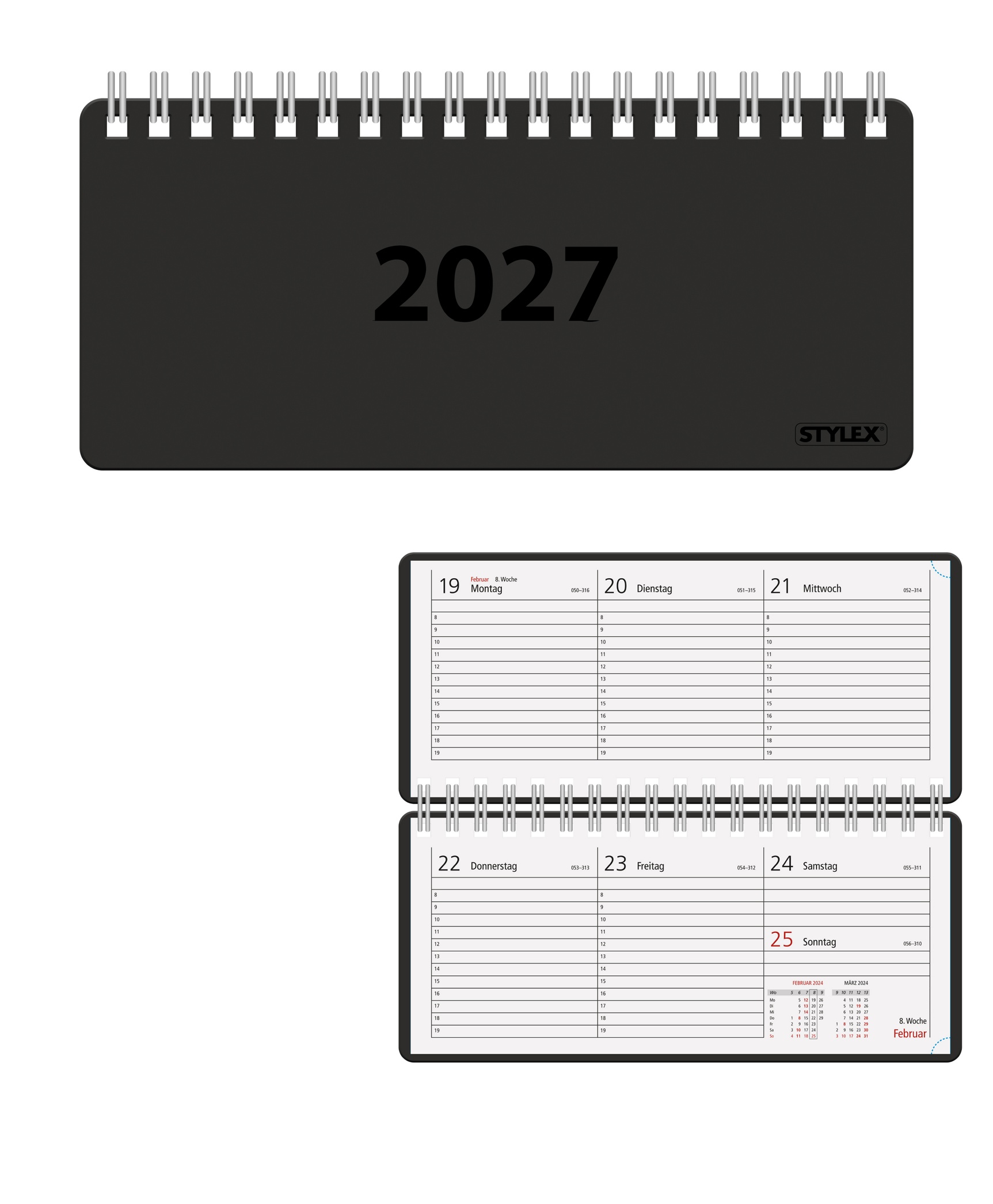 Spiral-Taschenkalender 2027 / ca. 8 x 18 cm / Farbe: schwarz
