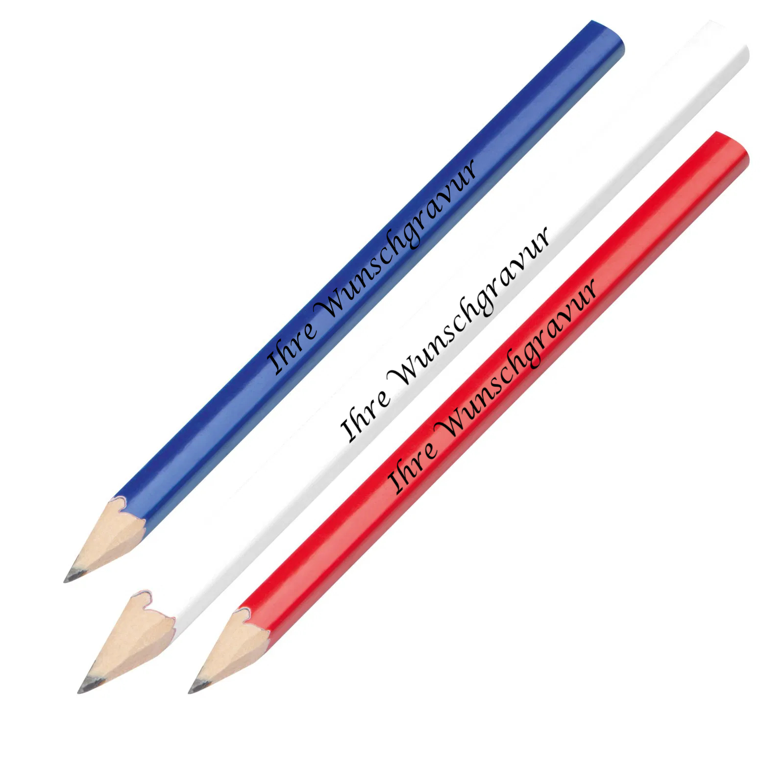 15 Zimmermannsbleistifte mit Gravur / 17,7cm / Farbe: je 5x rot, blau und weiß