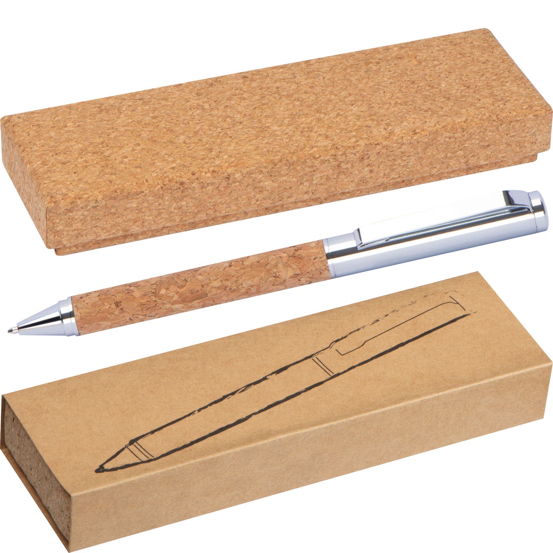 Drehkugelschreiber / aus Metall mit Korkummantelung und Kork-Etui