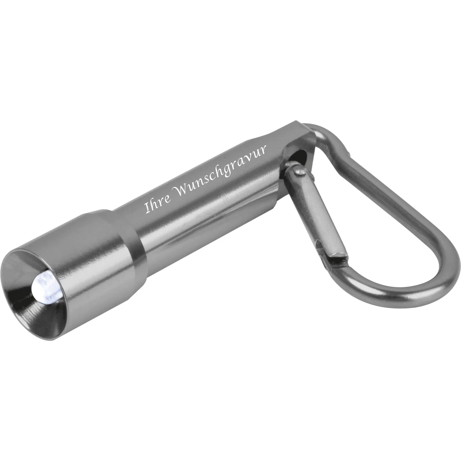 Mini-Taschenlampe mit Gravur / aus Metall / mit Karabinerhaken / Farbe: silber