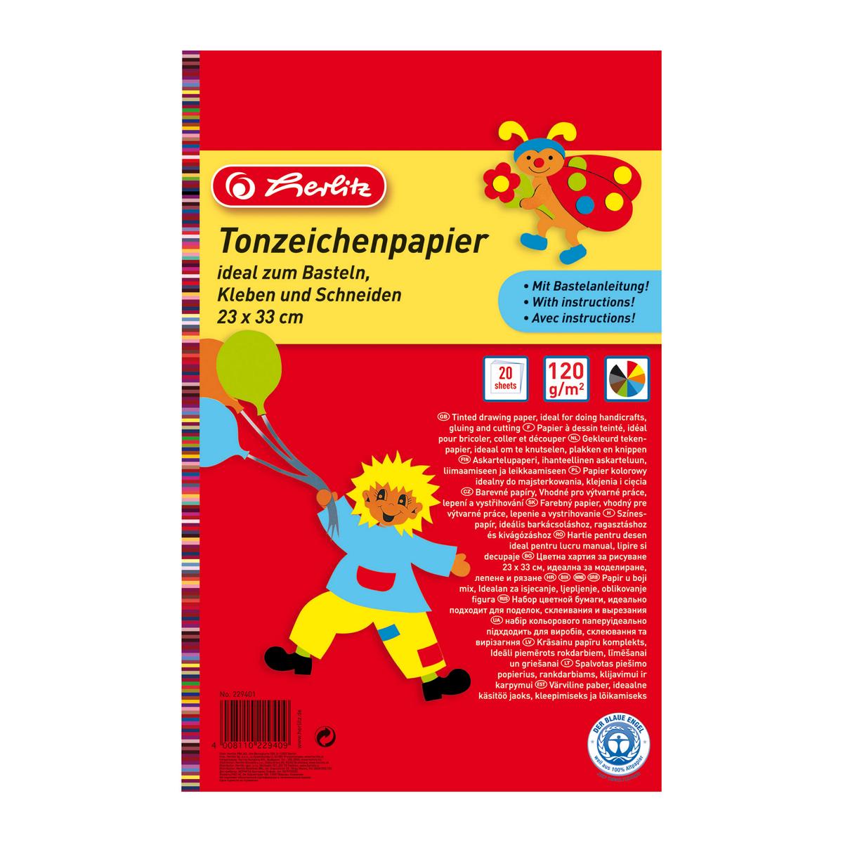20 Blatt Herlitz Tonzeichenpapier / 23x33cm / 120g/m² / 10 verschiedene Farben