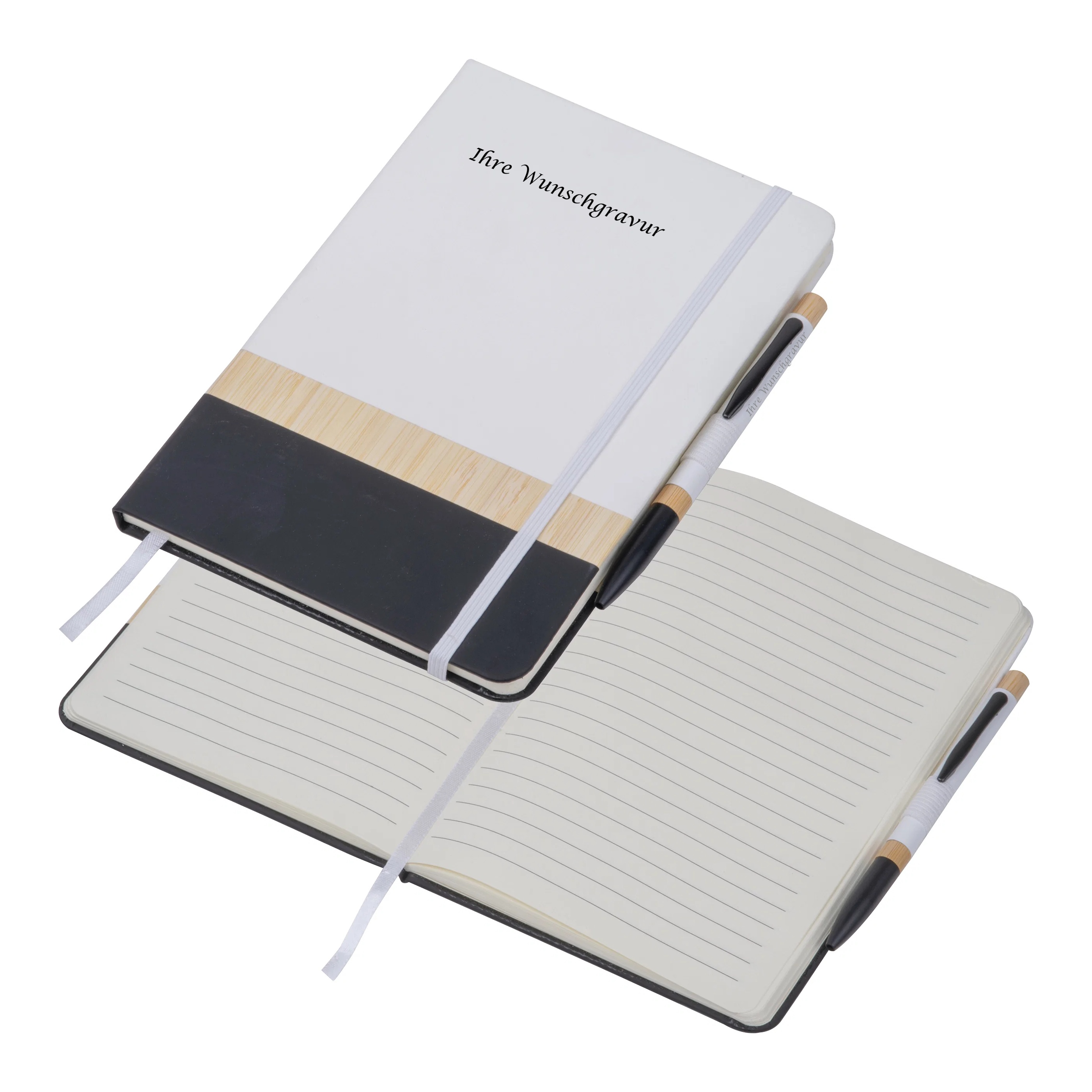 Notizbuch mit Kugelschreiber mit Gravur / DIN A5 / 160 Seiten / Farbe: weiß