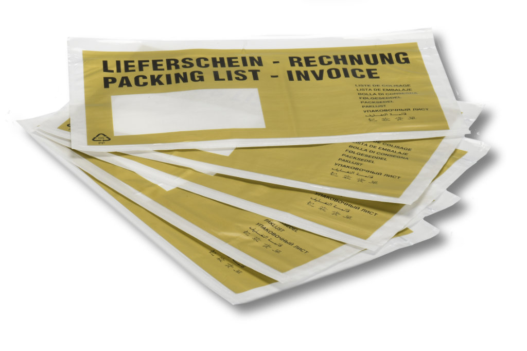 100 Lieferscheintaschen / DIN lang / "Lieferschein-Rechnung" / Farbe: gold