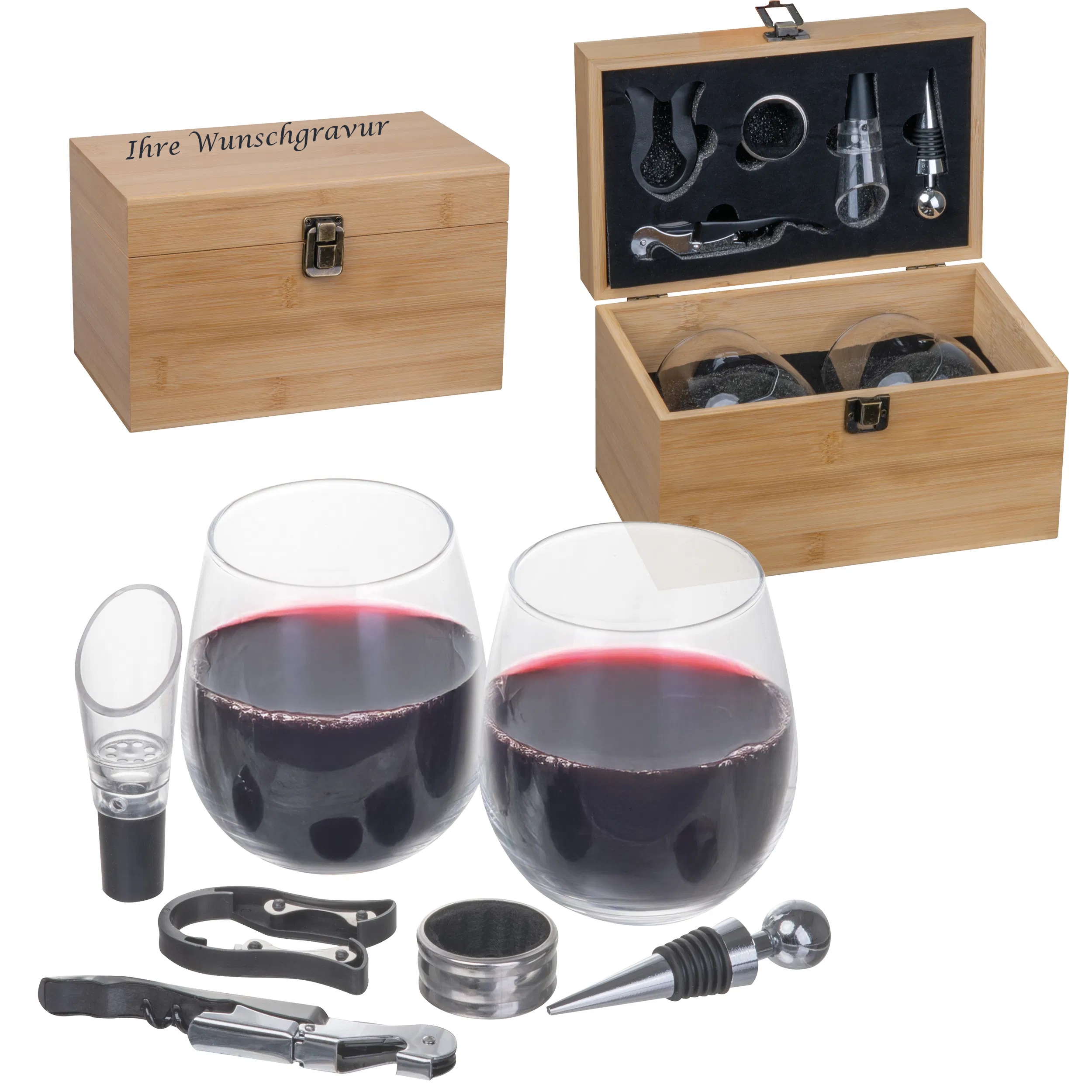 Weinset in Holzbox mit Gravur / mit Korkenzieher, Stopper, Ausgießer & mehr