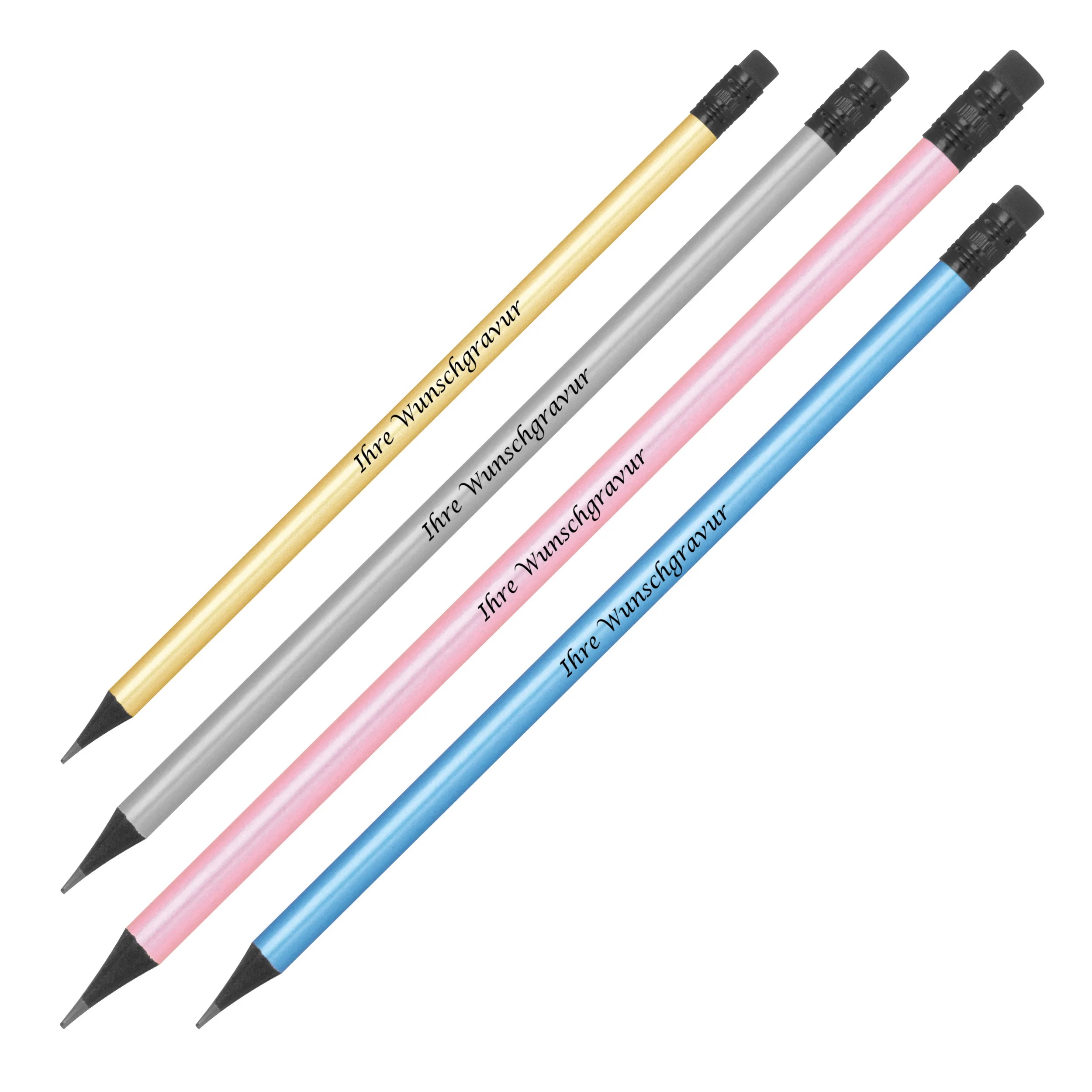 4 Bleistifte mit Gravur / mit Radierer / HB / 4 metallic Farben