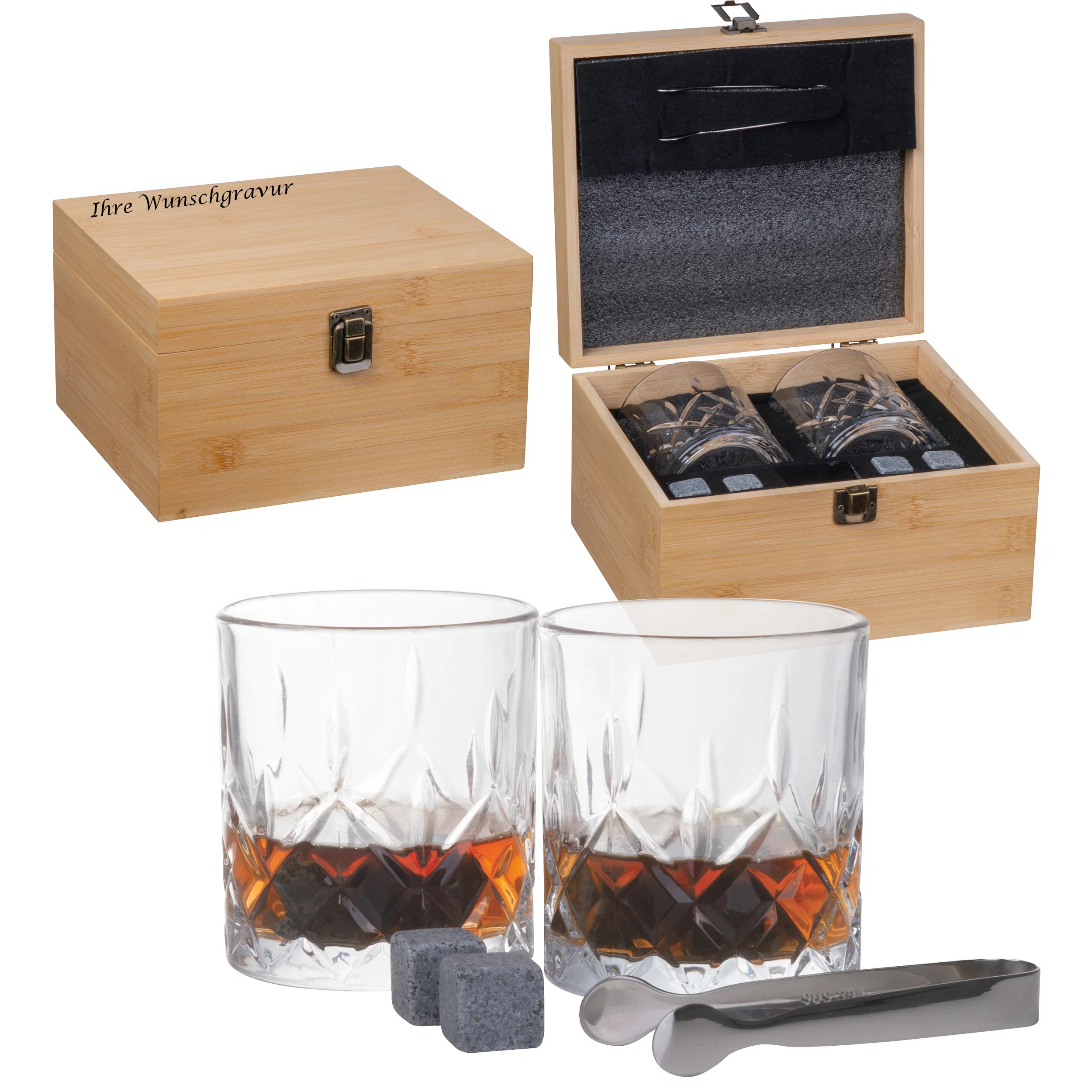 Edles Whisky-Set mit Gravur / Geschenkset mit 2 Gläsern & Granit-Eiswürfeln